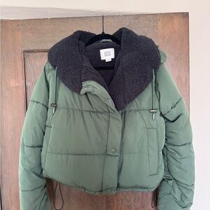 BDG Green Puffer Jacket with Black Sherpa Collar